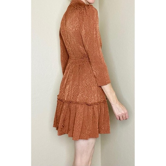Madewell Brown Tan Animal Printed Mock Neck Ruffle Hem Mini Dress - Picture 6 of 8
